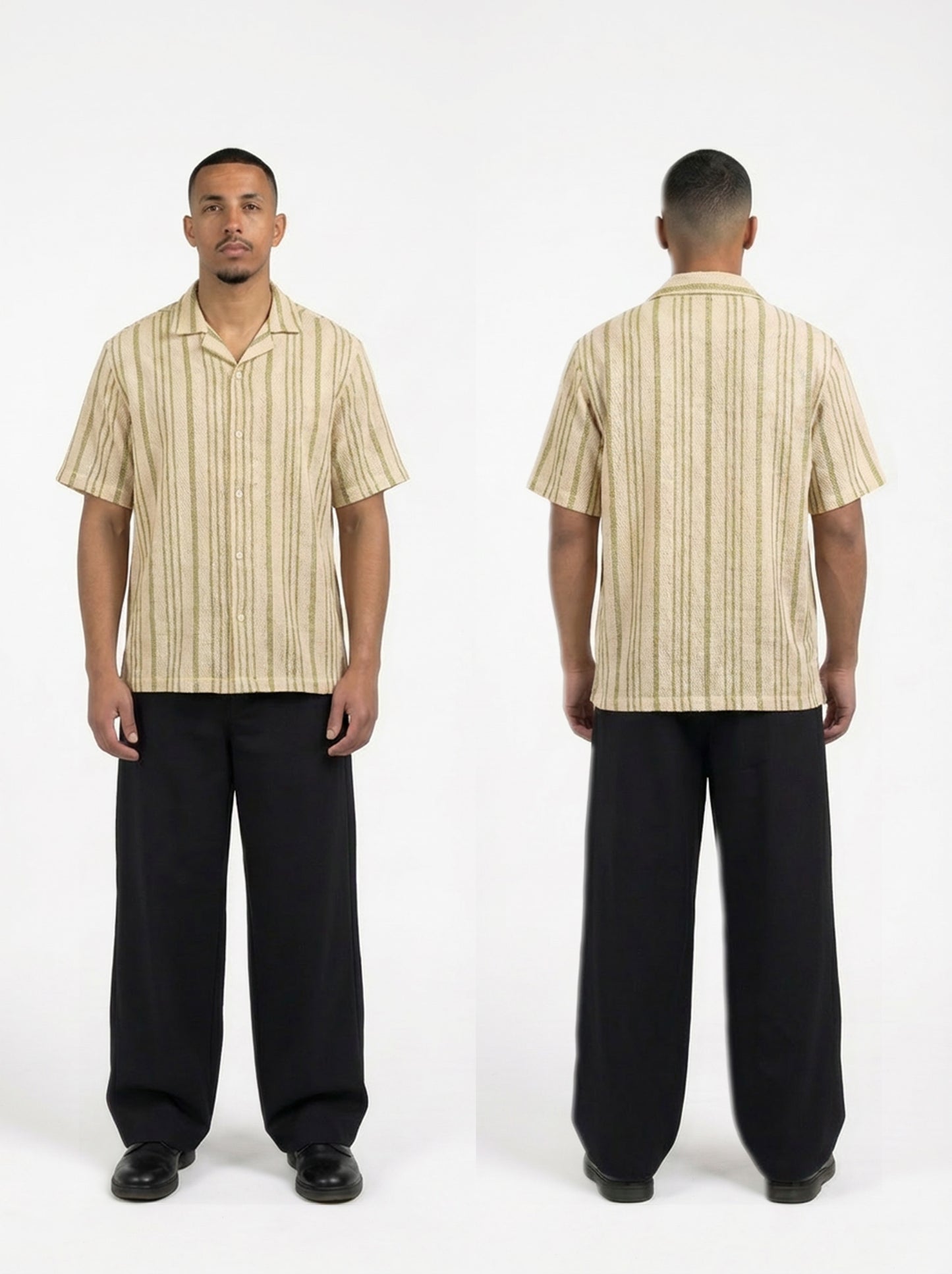 Striped Mesh Shirt (Beige x Olive Green)
