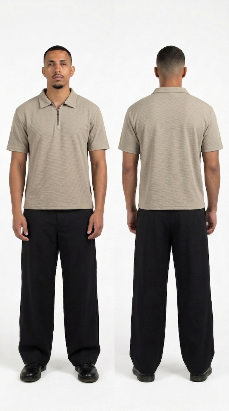 Quarter Zip Polo T-Shirt (Beige)