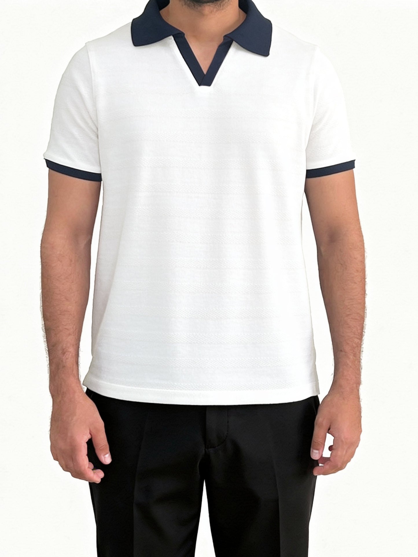 Textured Striped Ringer Polo Shirt (White x Navy)