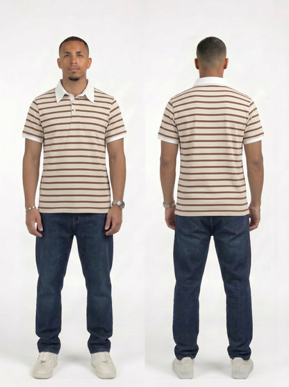 Striped Ringer Polo Shirt (Beige x Brown)