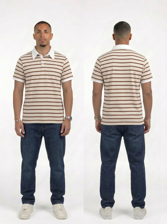 Striped Ringer Polo Shirt (Beige x Brown)