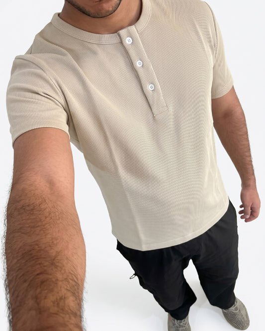 Tailored-Fit Henley T-Shirt (Beige)