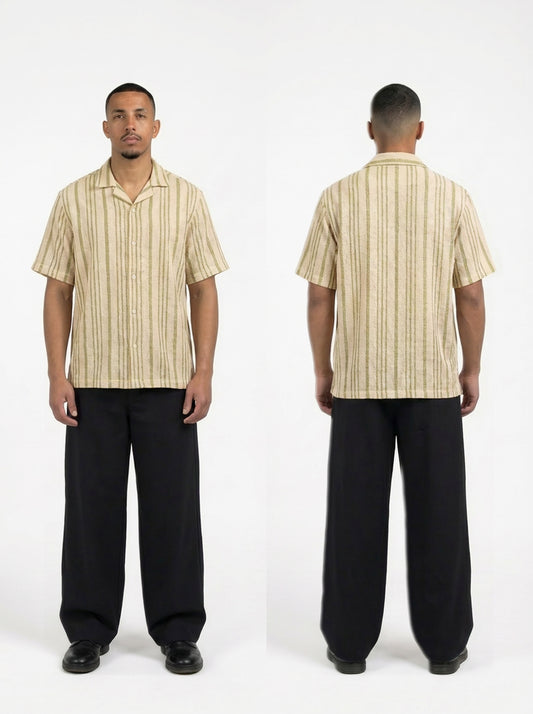 Striped Mesh Shirt (Beige x Olive Green)