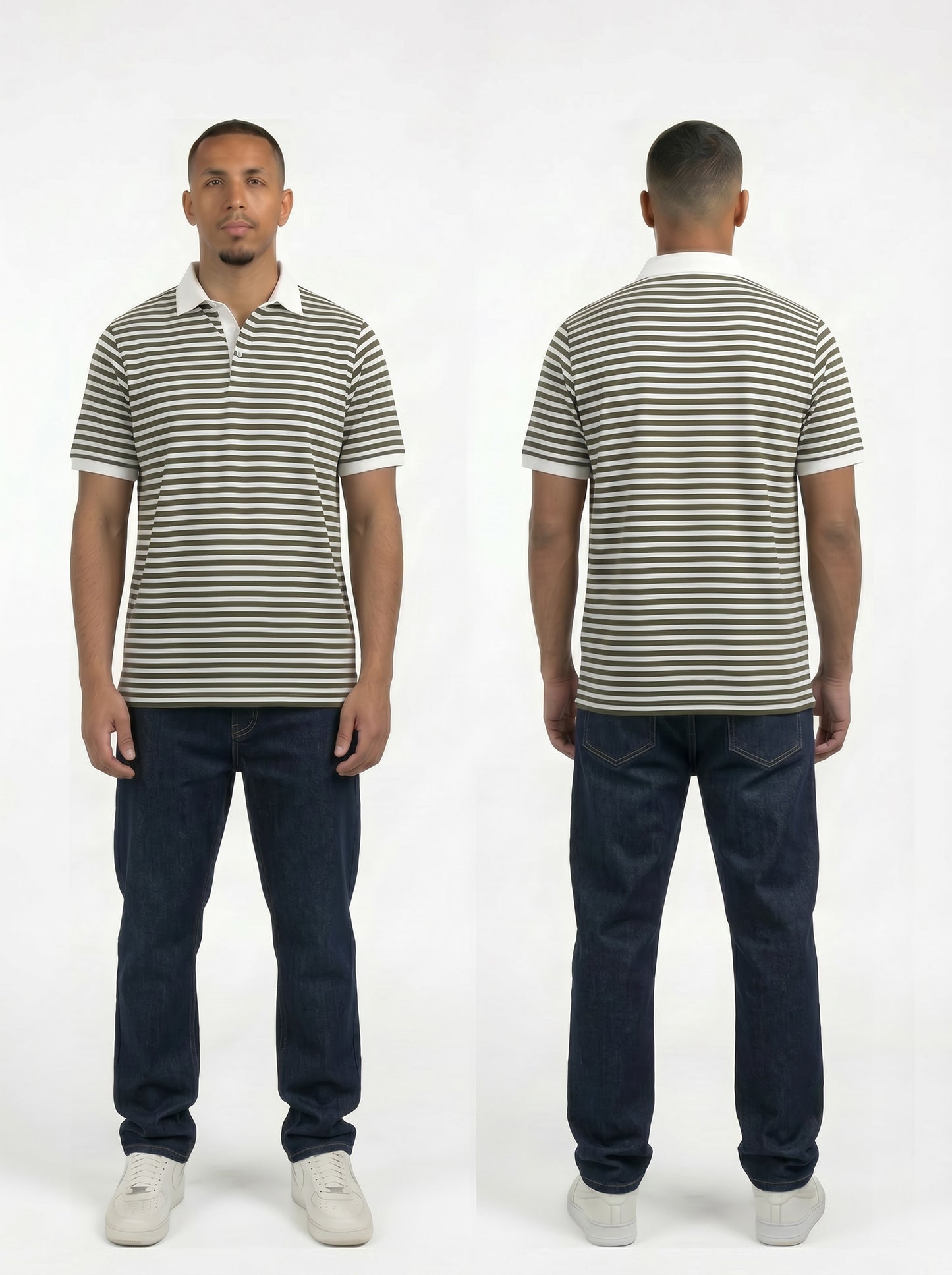 Striped Ringer Polo Shirt (Olive Green x White)