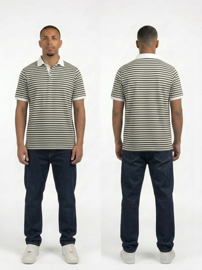 Striped Ringer Polo Shirt (Olive Green x White)