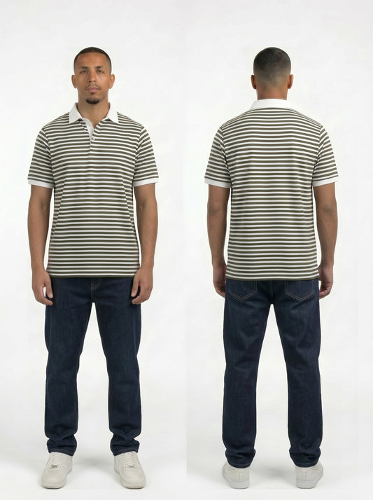 Striped Ringer Polo Shirt (Olive Green x White)