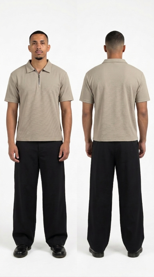 Quarter Zip Polo T-Shirt (Beige)