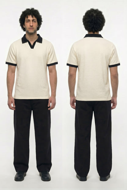 Textured Ringer Polo Shirt (Beige x Black)