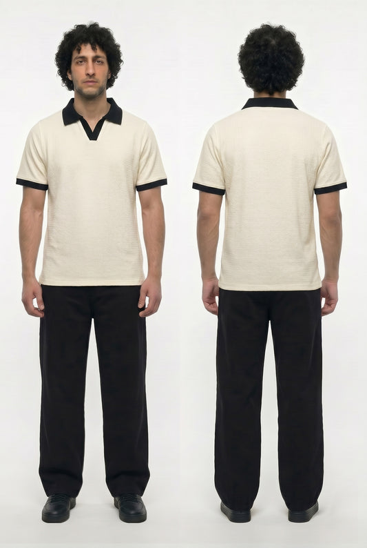 Textured Ringer Polo Shirt (Beige x Black)