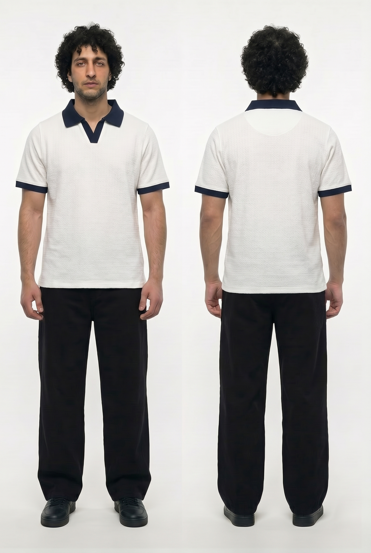 Textured Ringer Polo Shirt (White x Navy)