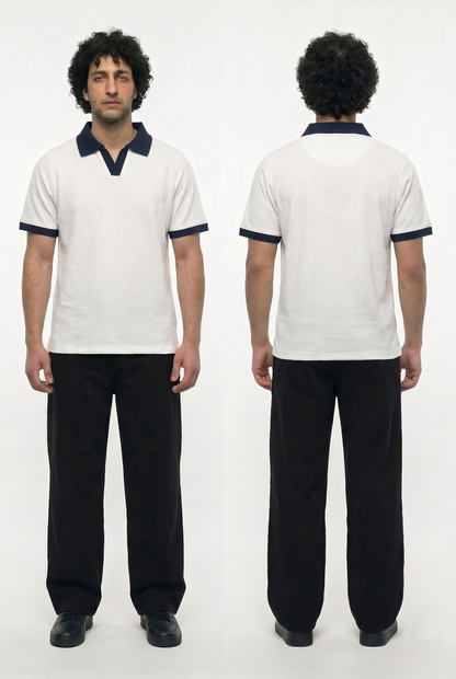 Textured Ringer Polo Shirt (White x Navy)
