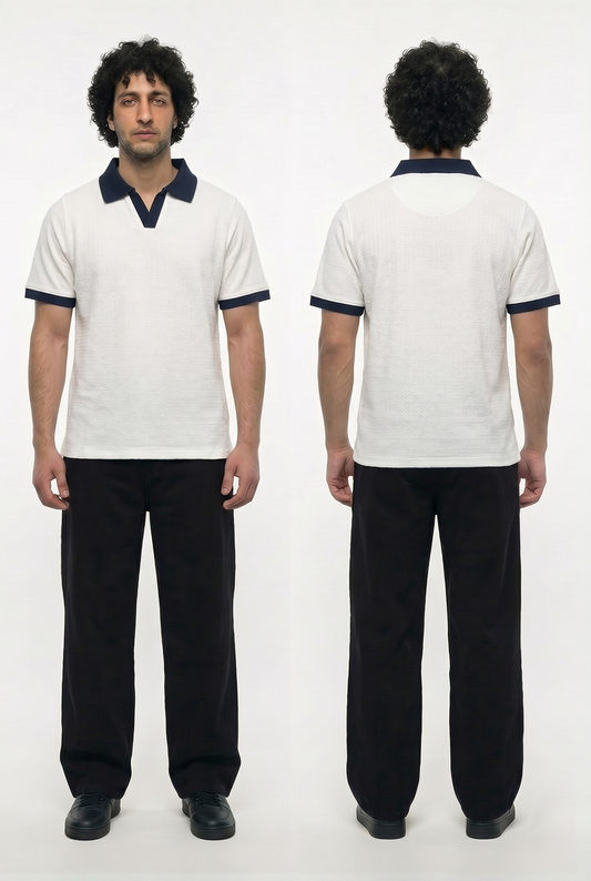 Textured Ringer Polo Shirt (White x Navy)