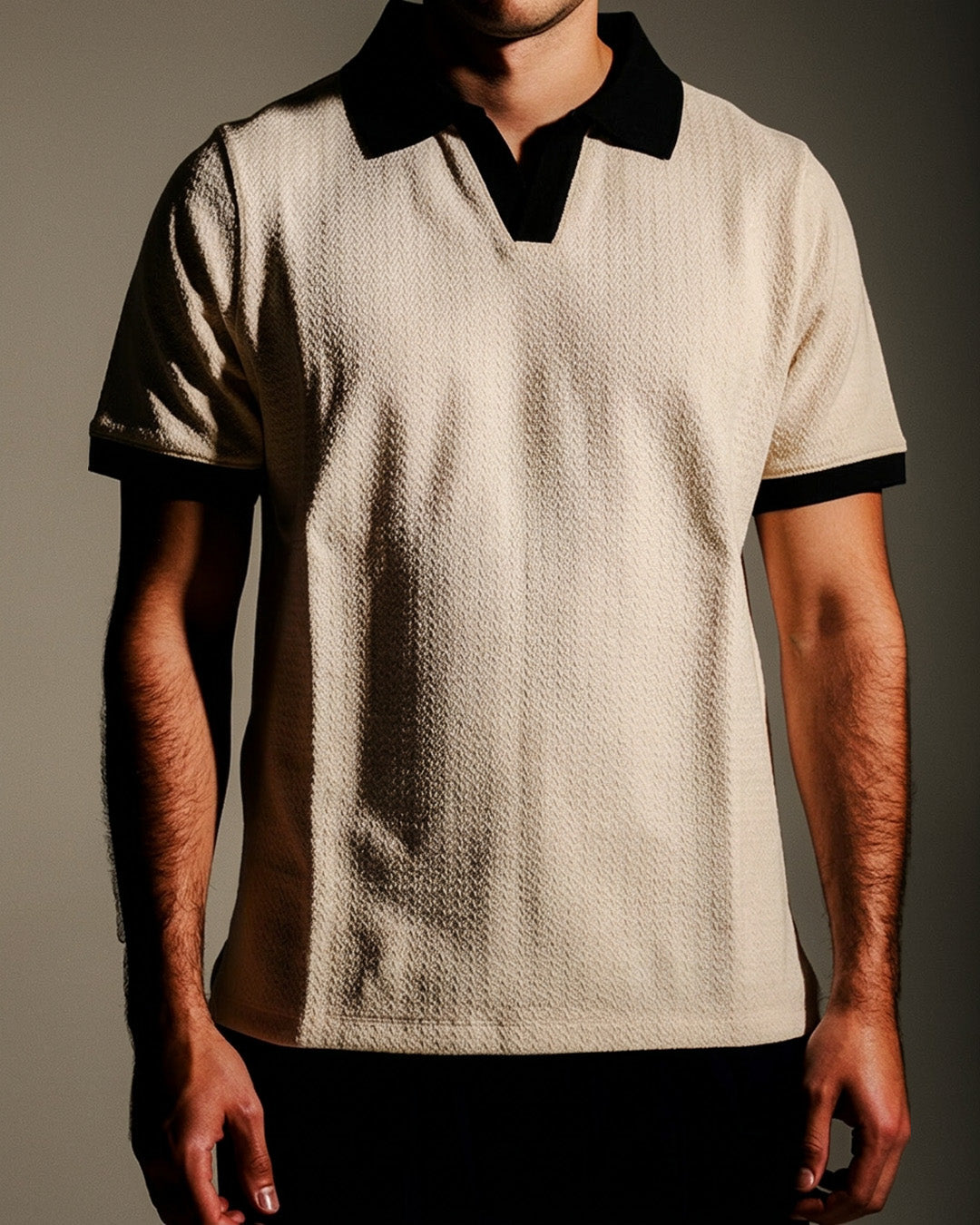 Textured Ringer Polo Shirt (Beige x Black)
