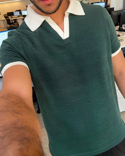 Textured Striped Ringer Polo Shirt (Teal x White)