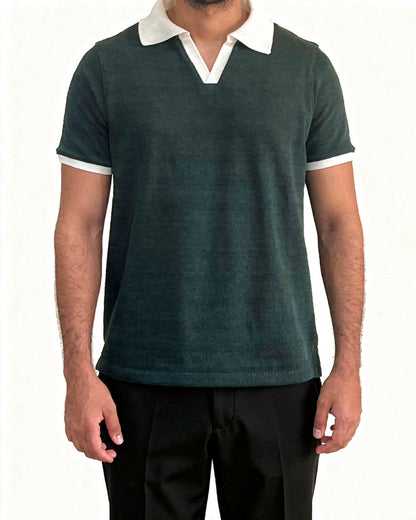 Textured Striped Ringer Polo Shirt (Teal x White)