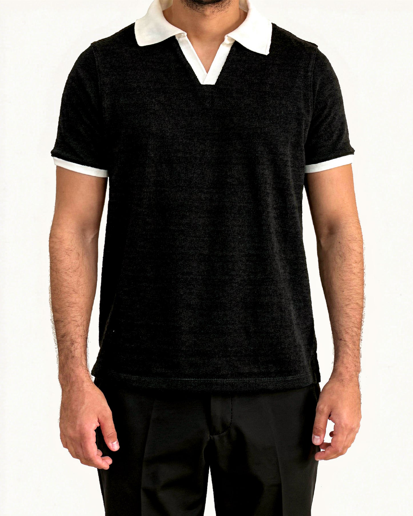 Textured Striped Ringer Polo Shirt (Black x White)
